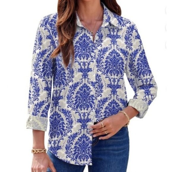 Fantaslook Long Sleeve Button Up Shirt Womens Small Blue White NEw - Picture 1 of 11